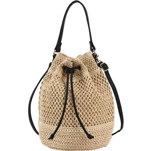 Straw Bucket Bag Summer Woven Crossbody Bags for Women Hobo Drawstring Purse Vacation Handbags Straw Beach Bag (Beige)