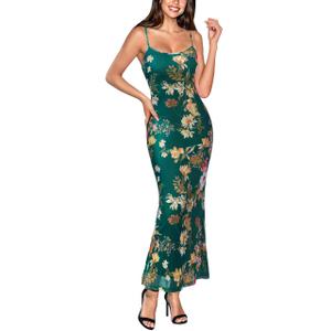VFSHOW Womens Floral Summer Spaghetti Strap Bodycon Maxi Long Dress 2026 Sexy Printed Mesh Beach Wedding Guest Vacation Date Night Slip Dresses (Dark Green, Small) 