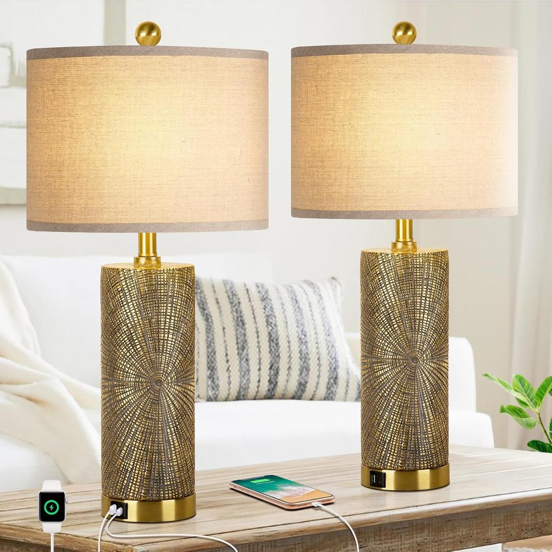 27" Gold Vintage Table Lamps Set of 2 with USB A+C Fast Charging Ports, Modern Farmhouse Bedside Nightstand Lamps for Bedroom with Beige Linen Shade, Rustic End Table Lamps for Living Room Office