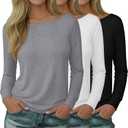 3 Pack Women's Boat Neck Long Sleeve Shirts, Cotton Tunic Tops Loose Fit Blouses Fall Casual Basic Tee Shirt (Large, White, Light Gray, Black)
