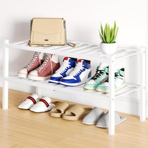 Smiry Shoe Rack, 2 Tier Bamboo Shoe Organizer, Stackable Free Standing Wooden Shoe Storage Shelf for Closet, Entryway, Front Door Entrance, White Smiry Shoe Rack, 2 Tier Bamboo Shoe Organizer, Stackable Free Standing Wooden Shoe Storage Shelf for Closet, Entryway, Front Door Entrance, White