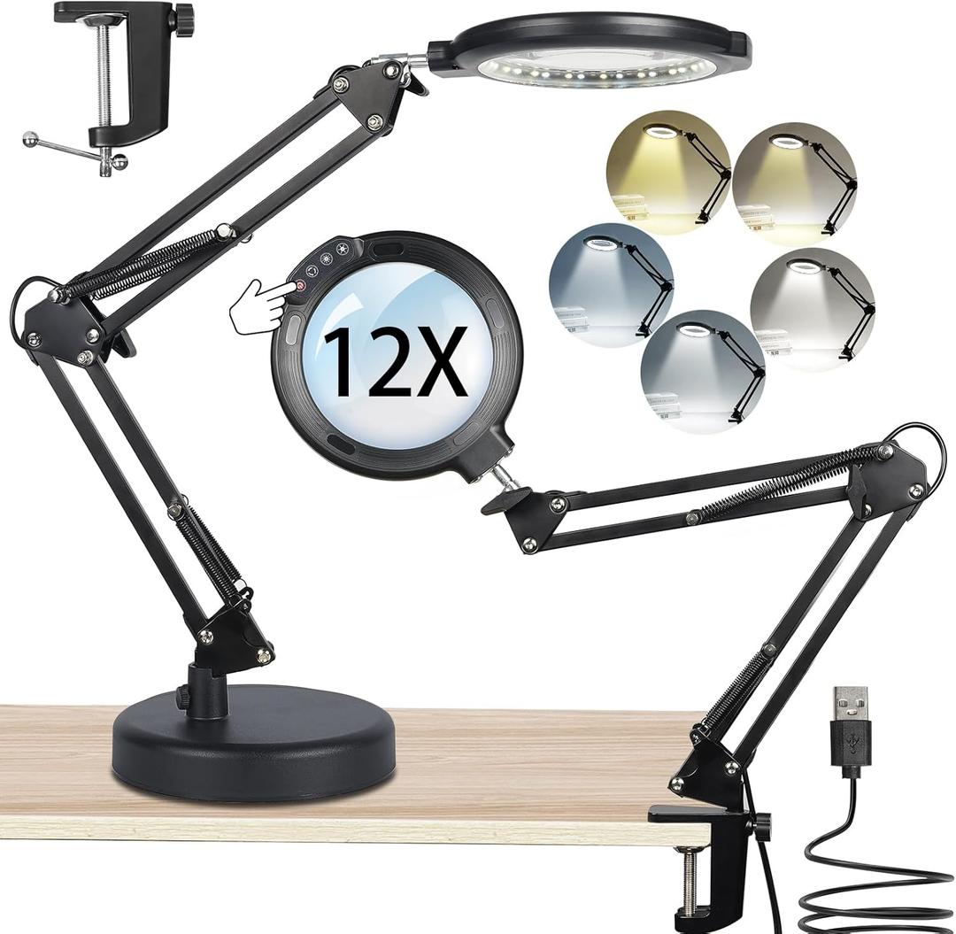 12X Large Magnifying Glass with Light and Stand, Lighted Magnifying Glass with 5 Color Modes 10 Dimmable Brightness, Magnifier with Light Hands Free Desk Lamp with Clamp for Reading Repair Close Work