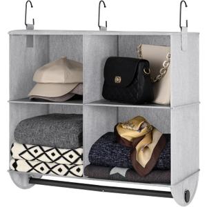 StorageWorks Hanging Closet Organizer with Metal Rod, 4-Section Closet Organizers and Storage, Collapsible Hanging Shelves for Closet, Bedroom, Kids Dorm Room, RV Camper, Gray and White
