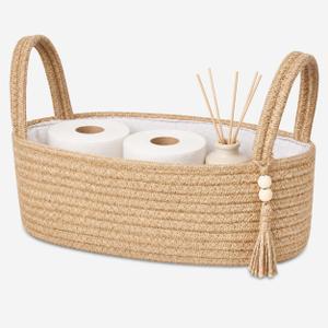 ABenkle Small Storage Basket, Jute Rope Woven Toilet Paper Tray Organizer for Toilet Tank Top, Boho Bathroom Decor Holder for Shelf Bedroom Living Room -13x6x4 Inches