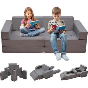 10pcs Modular Kids Play Couch, Toddler Sectional Sofa for Playroom Bedroom, Convertible Foam and Floor Cushion for Boys & Girls, Gray