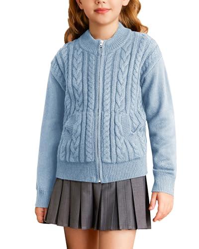 Blue Girl Cardigan Cable Knit Long Sleeve Zipper Sweater Jacket School Outfits Size 7-8