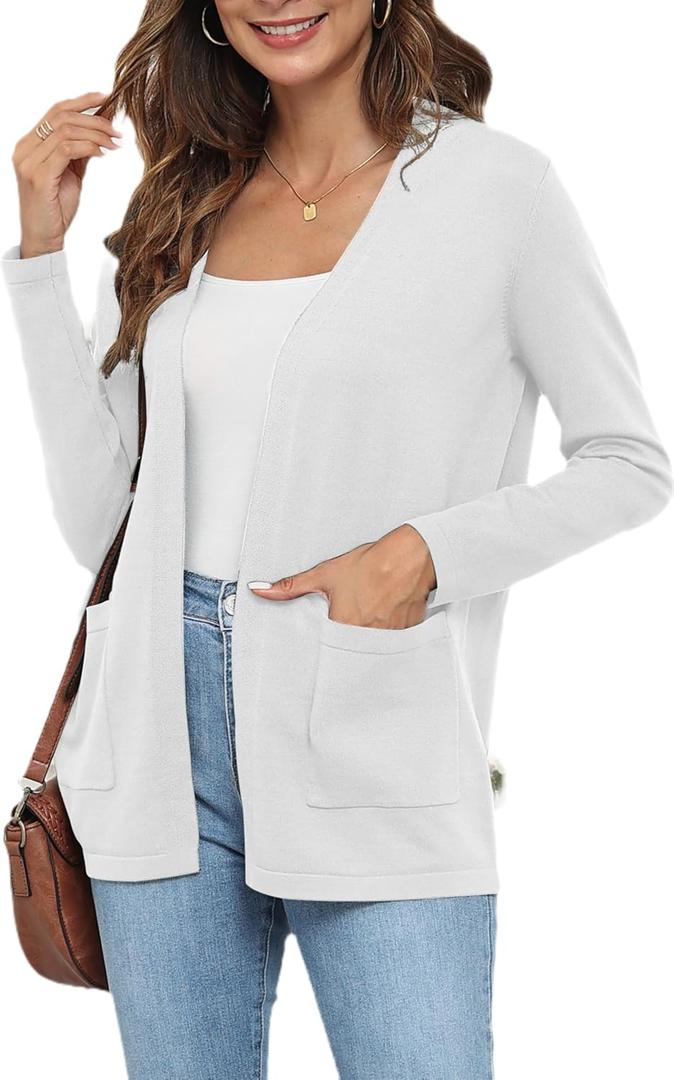 Women Lightweight Cardigan Sweaters with Pocket Open Front Breathable Cardigans (White, M)