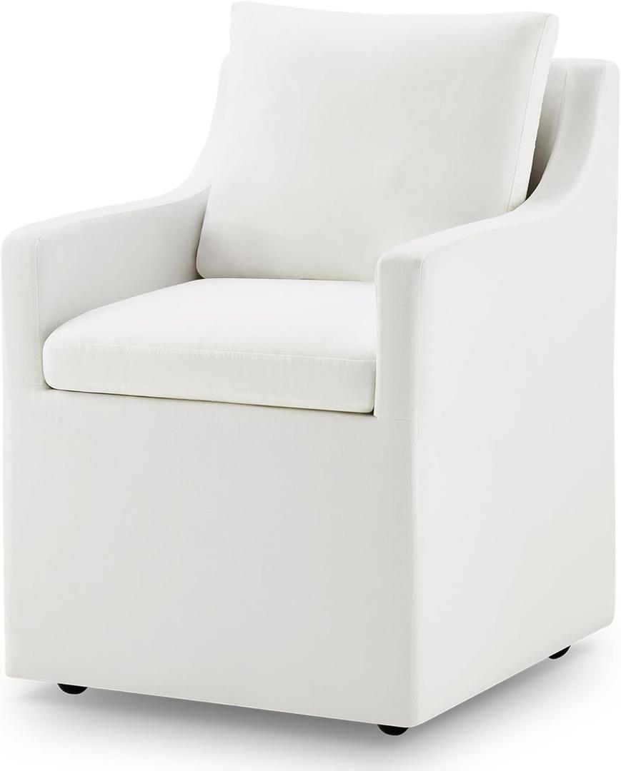 Upholstered Dining Chair with Casters Washable Cover Side Desk chair with Rollers for Dining room Living Room, Cream, 1 Box