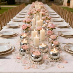 24 Pcs Disco Ball Candle Holders, 2x2.6 Inch Silver Mirror Glass Candle Holders, Disco Ball Centerpieces Table Decor for Wedding Birthday Party