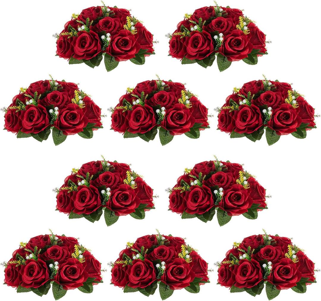 NUPTIO Flower Wedding Centrepieces for Tables - 10 Pcs 9.5in Diameter Crimson Artificial Flowers Rose Ball for Centerpieces Table - Fake Rose Arrangements for Weddings Birthday Party Decor