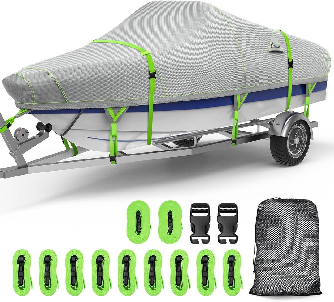 UIRWAY 1200D Heavy Duty Waterproof V-Hull Boat Cover, 22-24ft Trailerable with Night Safety Reflective Strips, UV Resistant Marine Grade for Bass Boat, Runabout, Tri-Hull, Fish & Ski, Bowride - Gray