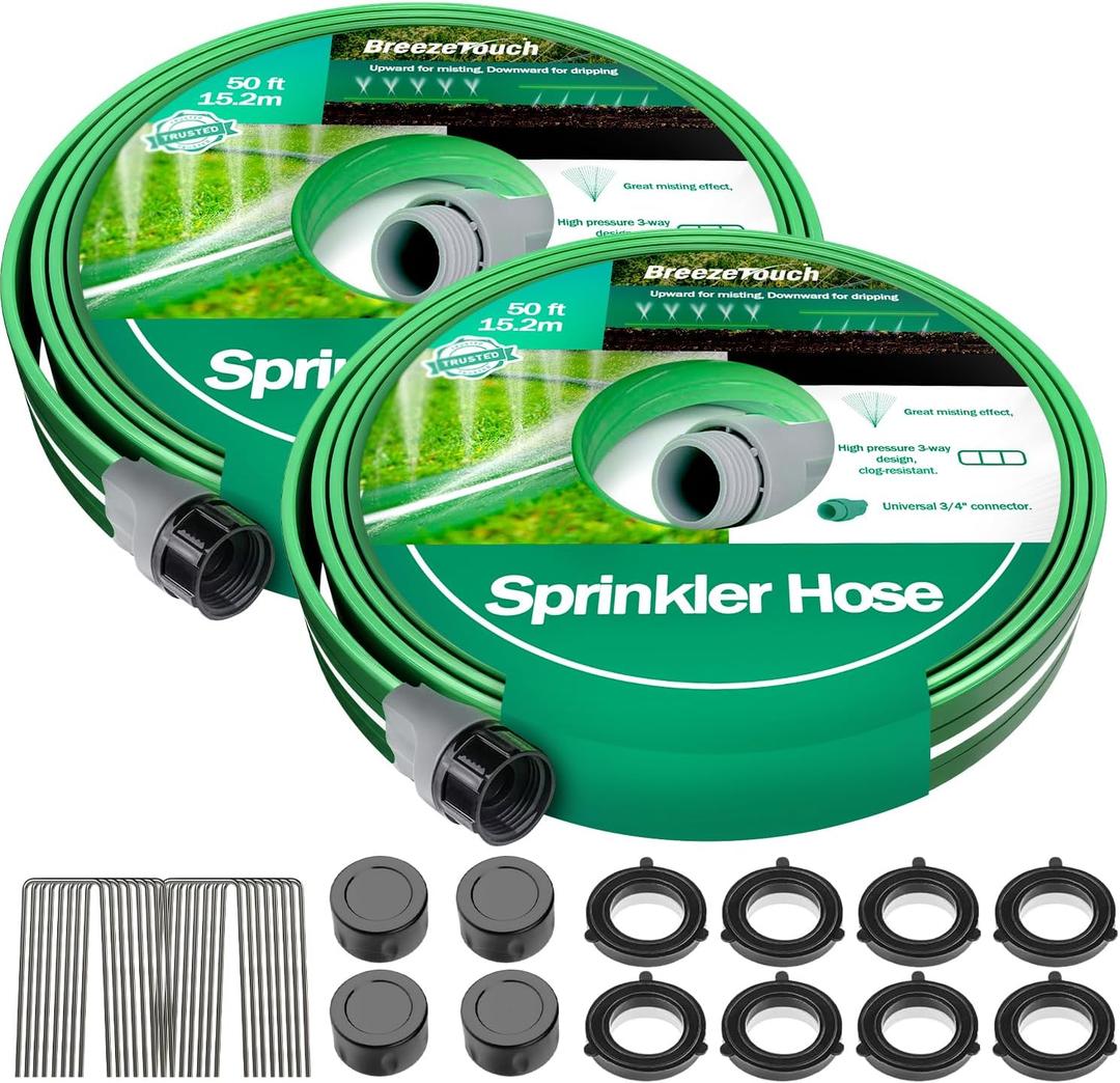 Breeze Touch 2X50FT Sprinkler Hoses for Lawn, Three-Tube Flat Sprinkler Hose with Holes, Heavy Duty Soaker Hose for Garden with U-Shaped Stakes, Flexible Irrigation Hose for Yard