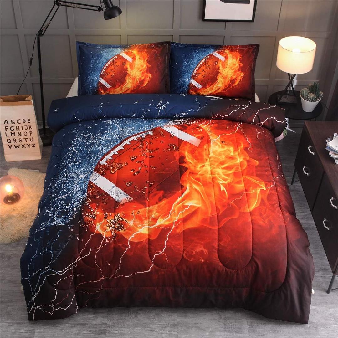 NTBED Football Comforter Sets Twin for Boys Teens, 3-Pieces Sports Bedding (1 Comforter with 2 Pillowcases),Reversible Rugby Printed Quilt Set (Twin, Orange)