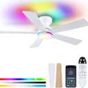 White RGB Ceiling Fans with Lights - 46" Flush Mount Ceiling Fan with Remote APP, RGB+3CCT Dimmable Led Light, Reversible 6 Wind Speeds&2H Timer, Low Profile Modern Fan Light Fixture for Bedroom Party