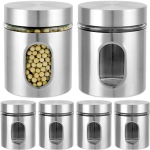 QWORK 6 Pack 20 oz Stainless Steel Glass Kitchen Canisters Set, Airtight Food Storage Containers with Window, for Flour Cookies Spices Grains