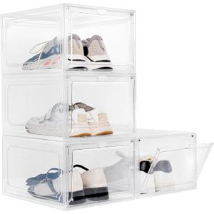 Set of 4, Stackable Plastic Clear Organizer with Lids, | Thick, Sturdy, Easy Assembly, Wardrobe, Fit up to US Size 12, Shoebox Containers, Front Open, Closet, Magnetic Door,