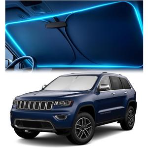 Windshield Sun Shade for Jeep Grand Cherokee 2011-2026 Custom Fit Sun Shield with Mirror CutOut, Blocks Heat & UV, Foldable with Storage Pouch - Jeep Grand Cherokee Windshield Sunshade
