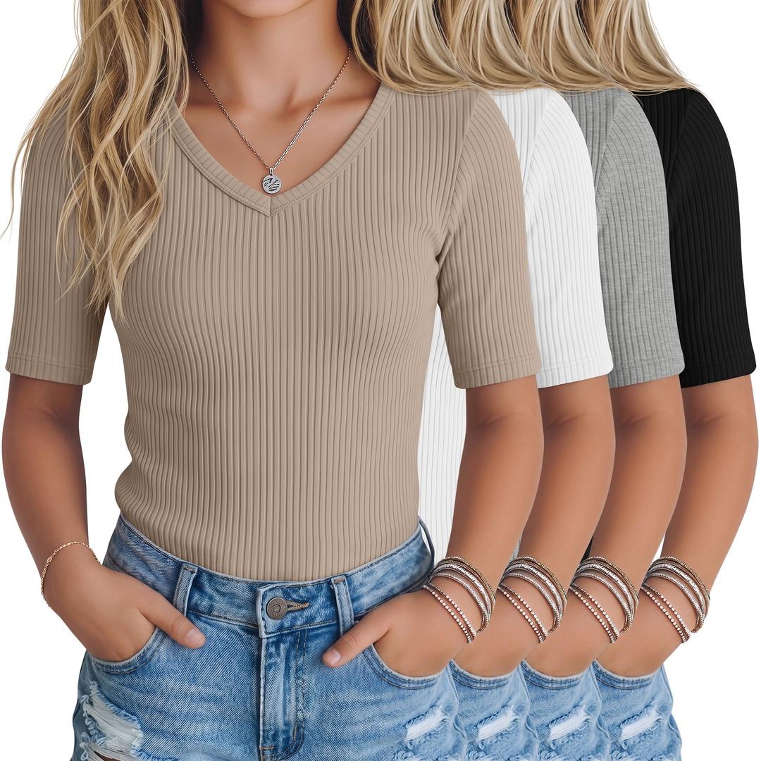 LessonZoo 4 Pack Teen Girls T Shirts Kids Summer V Neck Tops Ribbed Basic Cute Tees Short Sleeve Clothes for Tween 5-14 Years(Khaki, White, Gray, Black,11-12 Years)
