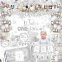 Winter Onederland 1st Birthday Decoration,Snowflake Party Decoration Include Plate,Napkin,Tablecloth,Banner,Balloon Arch First Birthday Decorations for Winter Wonderland PartySilver