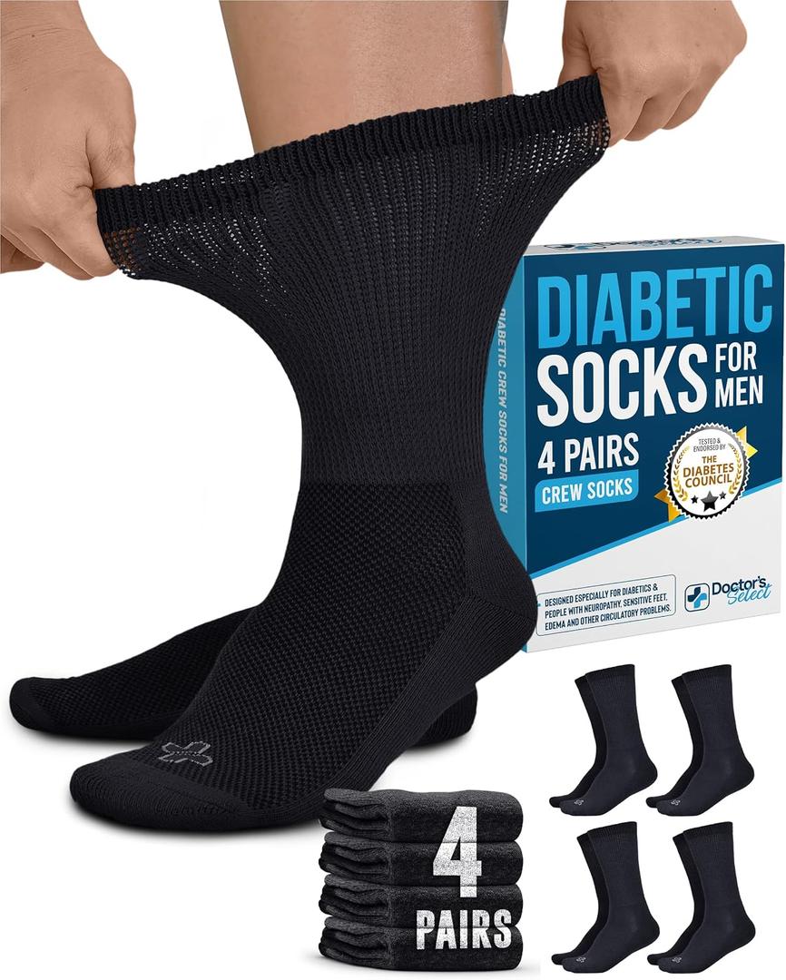 Doctor's Select Men's Diabetic Socks for Men Size 13-15 - 4 Pairs