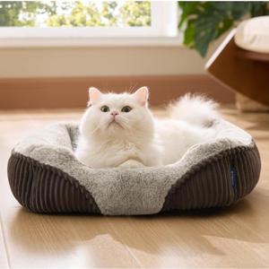 Bedsure Washable Dog Bed Small DogCat- Rectangle Fluffy Plush Kitten Puppy Bed, Comfy Corduroy Fleece and Nonskid Bottom,20x19x6inches,Suitable for Pet Up to 15lbs,Brown