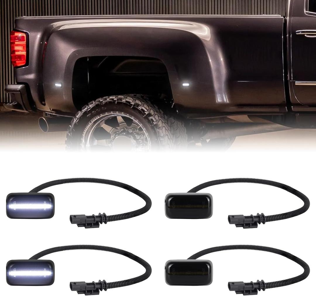 White LED Dually Fender Rear Wheel Bed Side Marker Lights for 2015-2025 Chevy Silverado GMC Sierra 2500 3500 HD Truck Indicators, Smoked Len 4PC