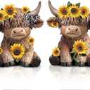 Wesiti 2 Pcs Sunflower Highland Cow Figurines Decor, Cute Spring Highland Cow Statue Farmhouse Desk Decorations Resin Gnomes Scottish for Home Garden Kitchen Office