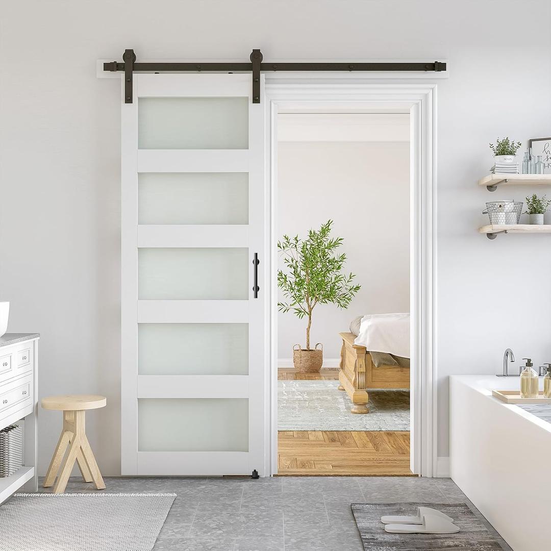 SmartStandard 26 x 84 in Glass Barn Door with 5FT Sliding Hardware Kit & Handle, Pre-Drilled Ready to Assemble, Waterproof PVC Coating, White, 5-Panel Glass