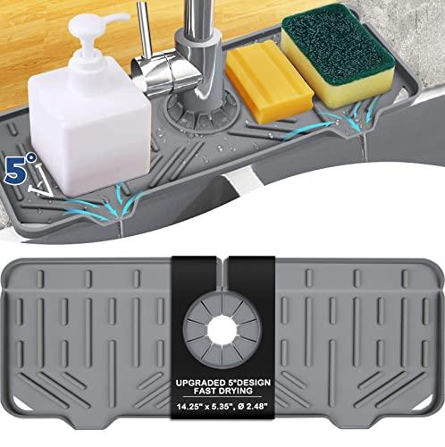 BFONS Silicone Faucet Handle Drip Catcher Drying Tray Mat Dish Soap Sponge Holder Accessories Gadgets for Kitchen Counter Bathroom Kitchen Sink Splash Guard -Grey