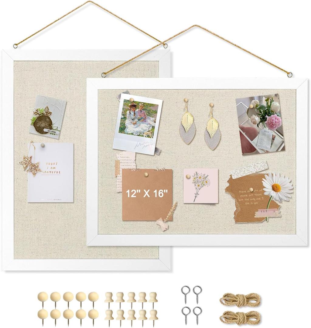 2-Pack Double-Sided Cork Board with Linen, 16" x 12" Hanging Wood Framed Bulletin Board, Picture Display Vision Board Kit Corkboards for Wall School Office Decor, 20 Pushpins (Vintage White)