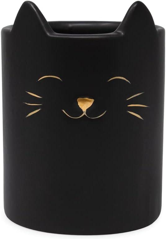 Isaac Jacobs Black Ceramic Cat Makeup Brush Holder, Multi-Purpose Cup Organizer. Bathroom, Kitchen, Bedroom, Office Dcor (Single Cup, Matte Black)