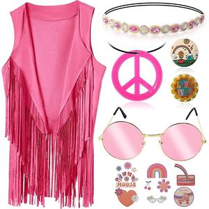 60s 70s Outfits for Women Hippie Costume Clothes Set 70s Costume Tops Women Fringe Hippie Vest for Halloween 2XL