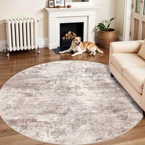 Washable Abstract 6ft Round Rugs - Circle Rug for Living Room Non Slip Indoor Carpet for Dining Table Bedroom Kitchen - Farmhouse Stain Resistant Throw Floor Mat for Home Decor (Brick-Beige 6ft)