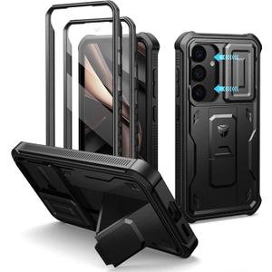 Dexnor for Samsung Galaxy S25 Case with Built-in Slide Camera Cover & Screen Protector & Kickstand, Heavy-Duty Shockproof Rugged Case Full-Body Bumper Protective Cover for Galaxy S25 (2025),Black