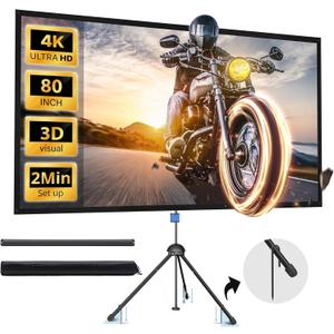 Projector Screen with Stand, PARIS RHNE 80-inch Outdoor Indoor Projector Screen 16:9 4K HD PVC, 1.5 Gain Portable Wrinkle-Free Movie Screen for Home Backyard Theater with Carry Bag, Ground Nails