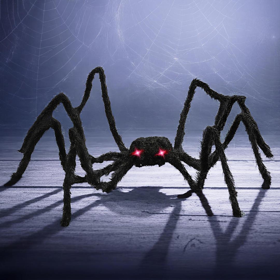 PREXTEX Halloween Spider with Light Up Eyes (LED Lights) - Decorations 4 Ft Hairy Spider Prop with Giant LED Red Eyes - Halloween Decor for Indoor, Outdoor, Golf Cart, Wall - Door Hanger