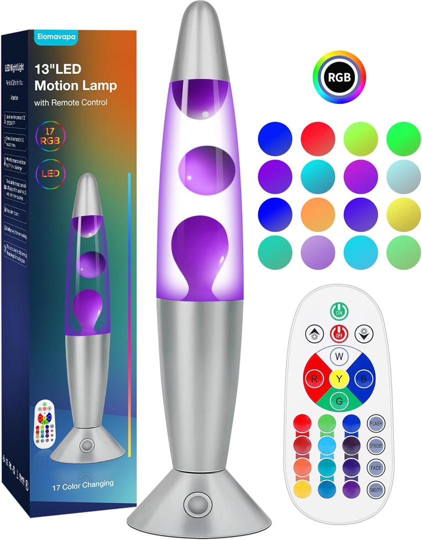 17 Colors Changing Liquid Motion Lamp with Remote: 13.5" Purple LED Night Light for Kids Adults - Relaxing Table lamp for Bedroom Office - Glitter Mood Lighting for Home Decor Christmas Decorations