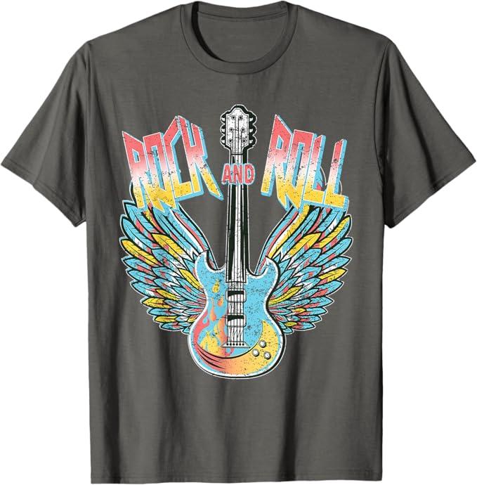 Vintage Retro 80s Rock & Roll Music Electric Guitar Wings T-Shirt (Small, Gray)