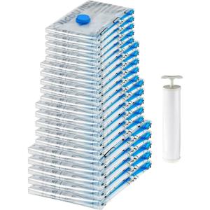 Amazon Basics Vacuum Storage Bags with Hand Pump for Travel, Space Saving Compression Bags for Clothes, Clothing, Blankets and Duvets, Clear, 20 Pack (5 Small, 5 Medium, 5 Large & 5 Jumbo)