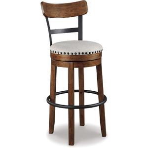 Signature Design by Ashley Valebeck | 30 Farmhouse Pub-Height Swivel Barstool With Back  Upholstered Cushion, Nailhead Trim, Metal & Wood Frame, Brown