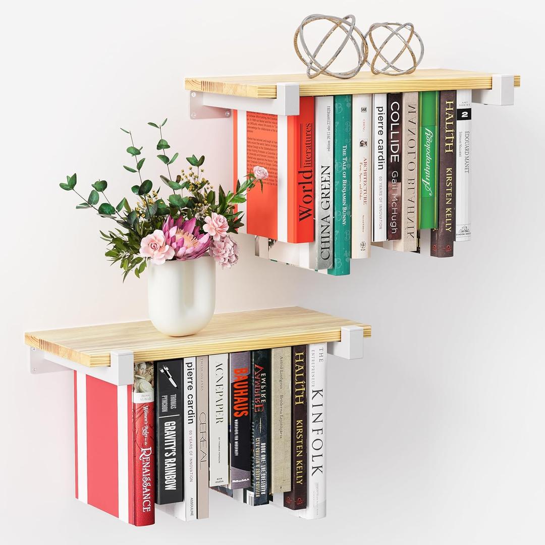 2 Set of Floating Bookshelf with White Shelf Brackets, Pine Wood Invisible Bookshelf, Hanging Bookshelves for Wall, Unique Space Saving Wall Bookcase, White(16.5L8.7W1.5H)