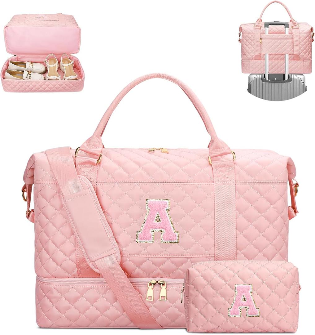 Gifts for Women Girls Initial Travel Duffle Bag Quilted Weekender Carry-On Overnight with Cosmetic Bag, Gym Bag with Shoe Compartment Personalized Bag, Pink A