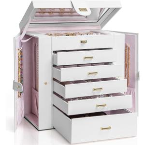  Extra Large 6-Tier Jewelry Box Organizer with Mirror, 5 Drawers Leather Jewelry Storage Case for Women Girls Ring Necklace Earring Bracelet White