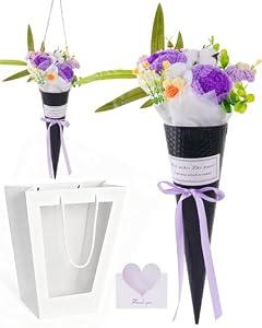 Cudroza Crochet Flower Bouquet Handmade, Knitted Purple and White Roses Ice Cream Bouquet, Crochet Yarn Flowers for Her Girlfriend Daughter Friend, Party Graduation Mother's Day Christmas Decor