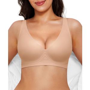 Popilush Wireless Bras Women Seamless No Underwire Push Up Bra Supportive Deep V Bralette Everyday Comfortable T-Shirt Bra (Large, Beige)