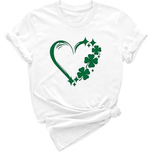 St. Patrick's Day Shirts for Women Irish Shamrock Heart Graphic Tee St Patty's Day T-Shirt Irish Valentines Day Tops, White, X-Large