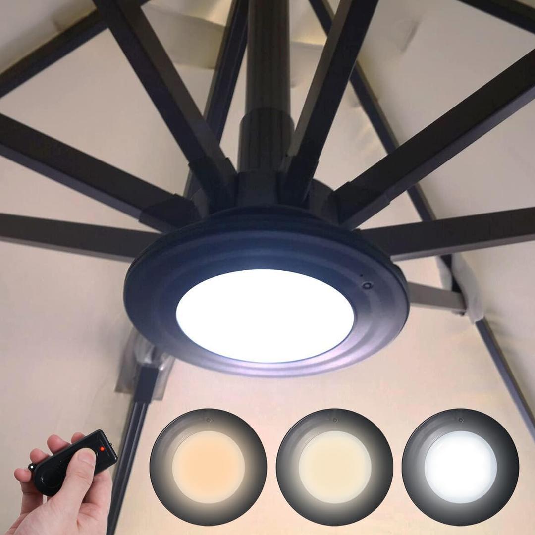 Rechargeable Battery Operated Patio Cantilever Umbrella Lights with 3 Brightness Modes, 3 Colors Warm Neutral Cold, for Outdoor & Garden