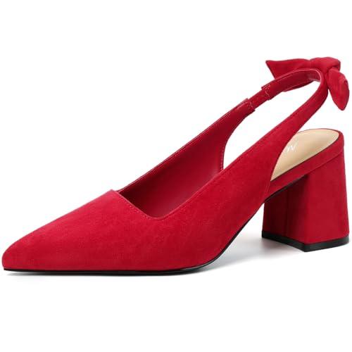 Mostrin Red Block Slingback Heels for Women Suede Pointed Closed Toe Chunky Heels Bow Women's Pumps for Office Work Business Casual (Size 37)