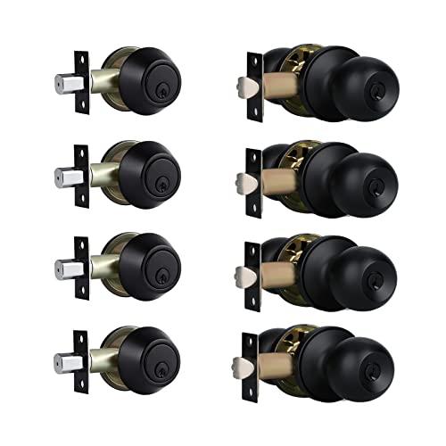Front Door Lock Set Exterior Door Lock Set with Deadbolt, Single Cylinder Deadbolt Lock and Door Knob Set, Keyed Alike,Matte Black Door Knob and Deadbolt Set,(4 Pack Set)