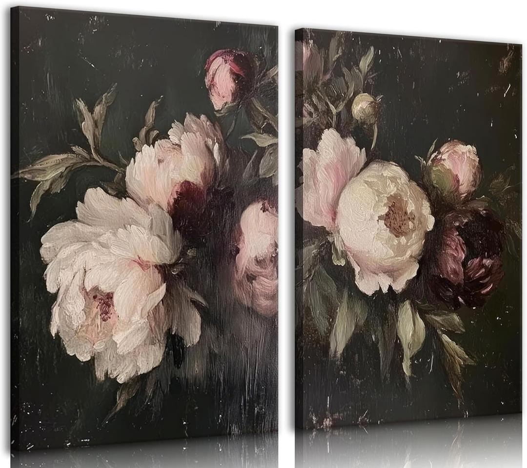 2pcs Vintage Peonies Flower Canvas Wall Art Classical Dark Pink Peonies Pictures Wall Decor Retro Moody Floral Botanical Still Life Posters Prints for Living Room Bedroom Room Home Decoration (16x24in)
